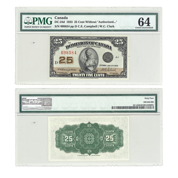 25 cent 1923 C.E.Campbell-W.C.Clark Series D PMG CUNC-64