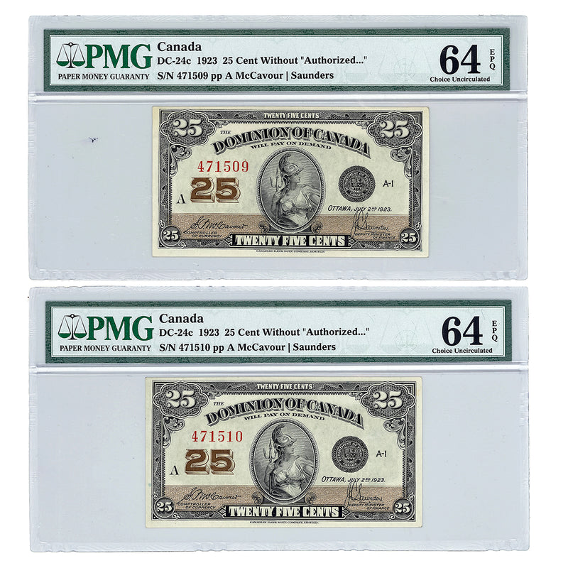 25 cent 1923 McCavour-Saunders Prefix A PMG CUNC-64