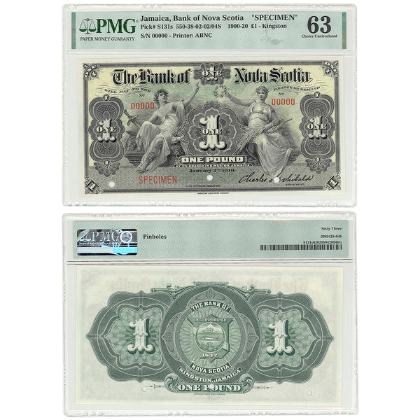 Jamaica 1 Pound 1900-20 Bank of Nova Scotia Specimen PMG CUNC-63