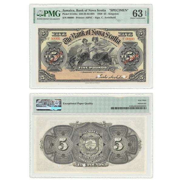Jamaica 5 Pounds 1920 Bank of Nova Scotia Specimen PMG CUNC-63