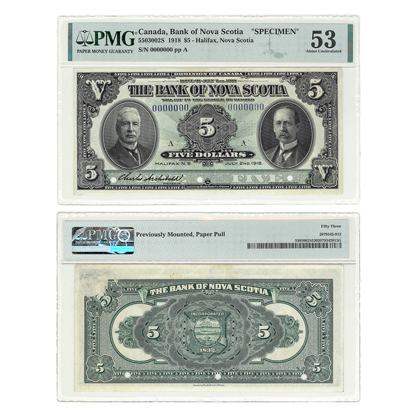 $5 1918 Bank of Nova Scotia Specimen Series A PMG AU-53