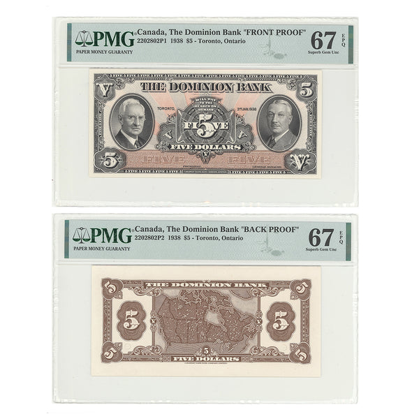 $5 1938 The Dominion Bank Front Proof Paper Money Set PMG GUNC-67
