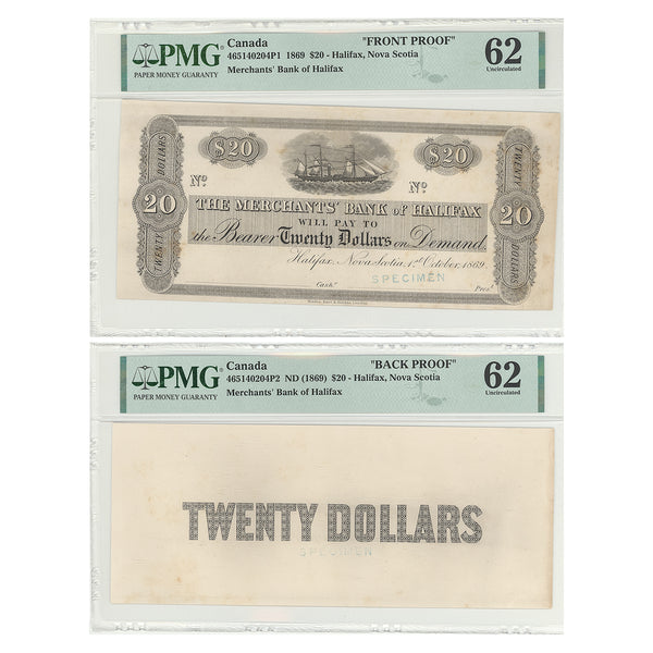 $20 1869 Merchants' Bank of Halifax Front Proof Paper Money Set PMG UNC-62
