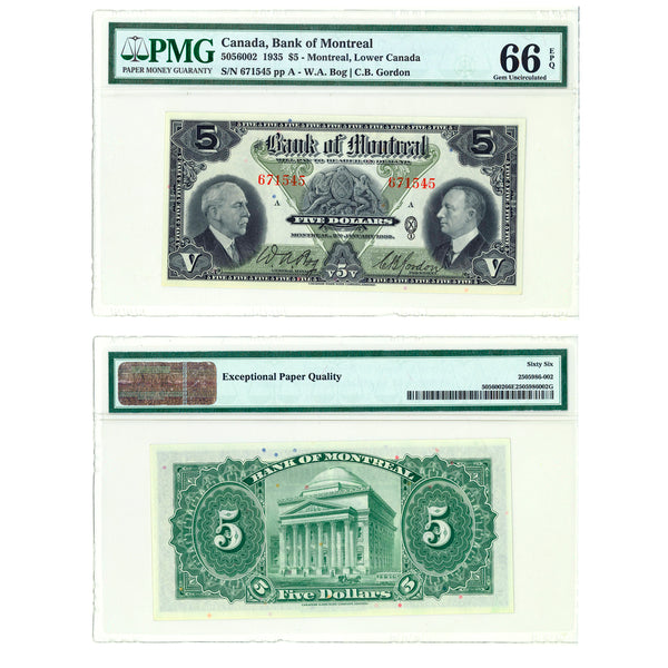 $5 1935 Montreal Bank W.A. Bog-C.B. Gordon PMG GUNC-66 Default Title