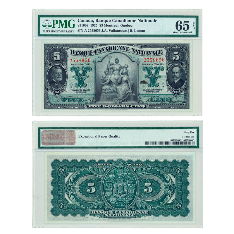 $5 1925 Banque Canadienne Nationale J.A. Vaillancourt-B. Leman PMG GUNC-65 Default Title