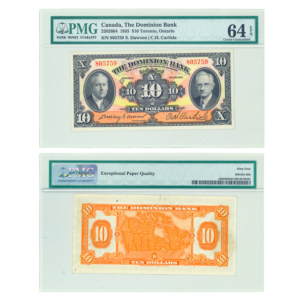 $10 1935 Dominion Bank S. Dawson-C.H. Carlisle PMG CUNC-64 Default Title
