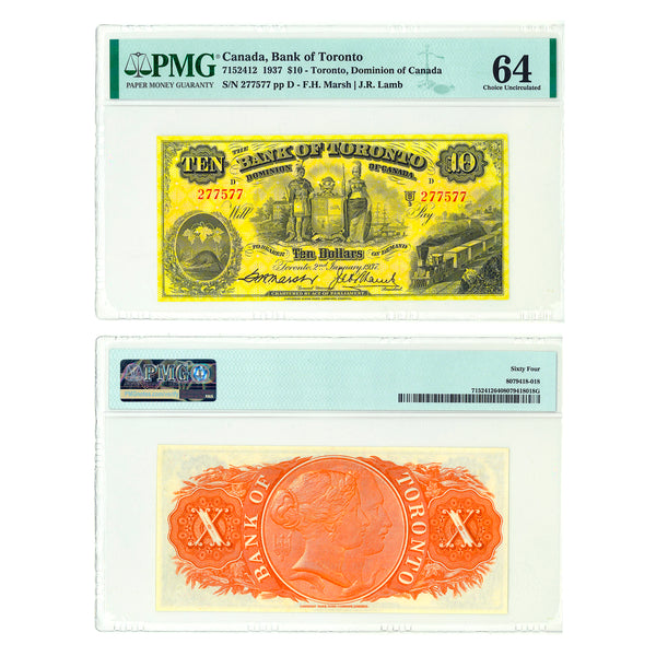 $10 1937 Bank of Toronto F.H. Marsh-J.R. Lamb PMG CUNC-64 Default Title