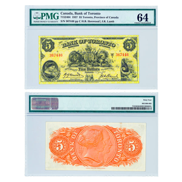 $5 1937 Bank of Toronto H.B. Henwood-J.R. Lamb PMG CUNC-64 Default Title