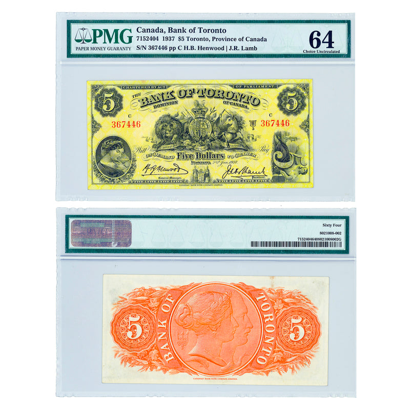$5 1937 Bank of Toronto H.B. Henwood-J.R. Lamb PMG CUNC-64 Default Title