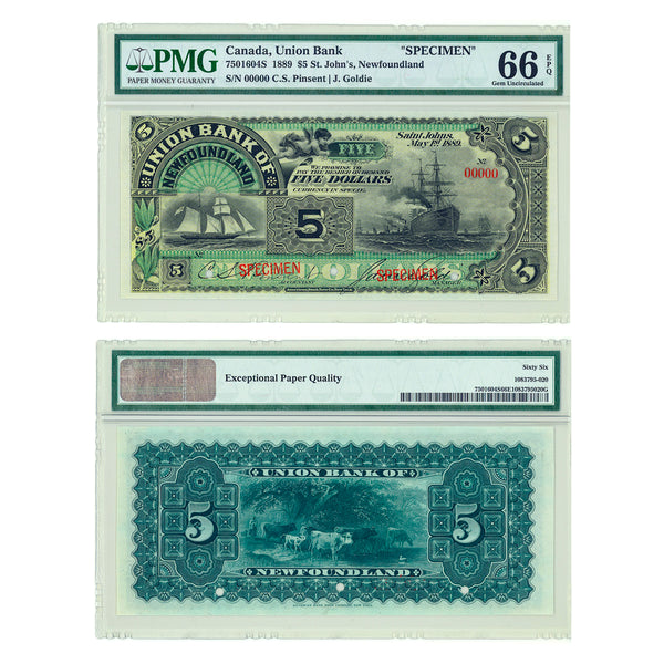 $5 1889 Specimen Union Bank of Newfoundland C.S. Pinsent-J. Goldie PMG GUNC-66 Default Title