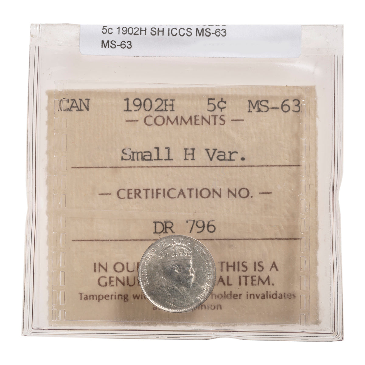 5 Cent 1902H SH ICCS MS-63