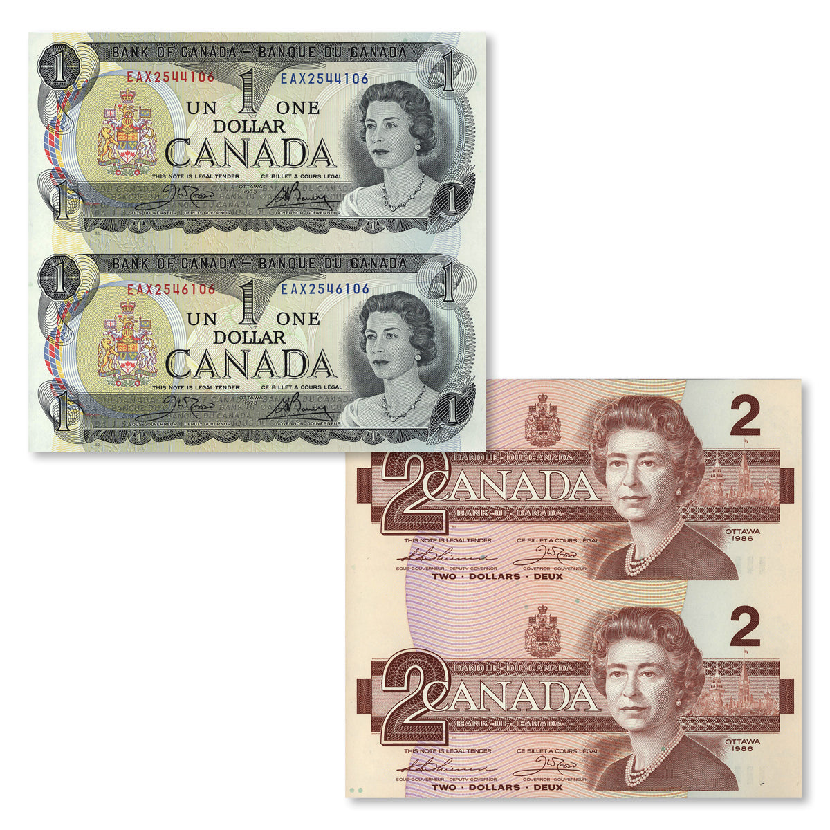 Uncut Block of Two Replacement Notes: $1 1973 & $2 1986