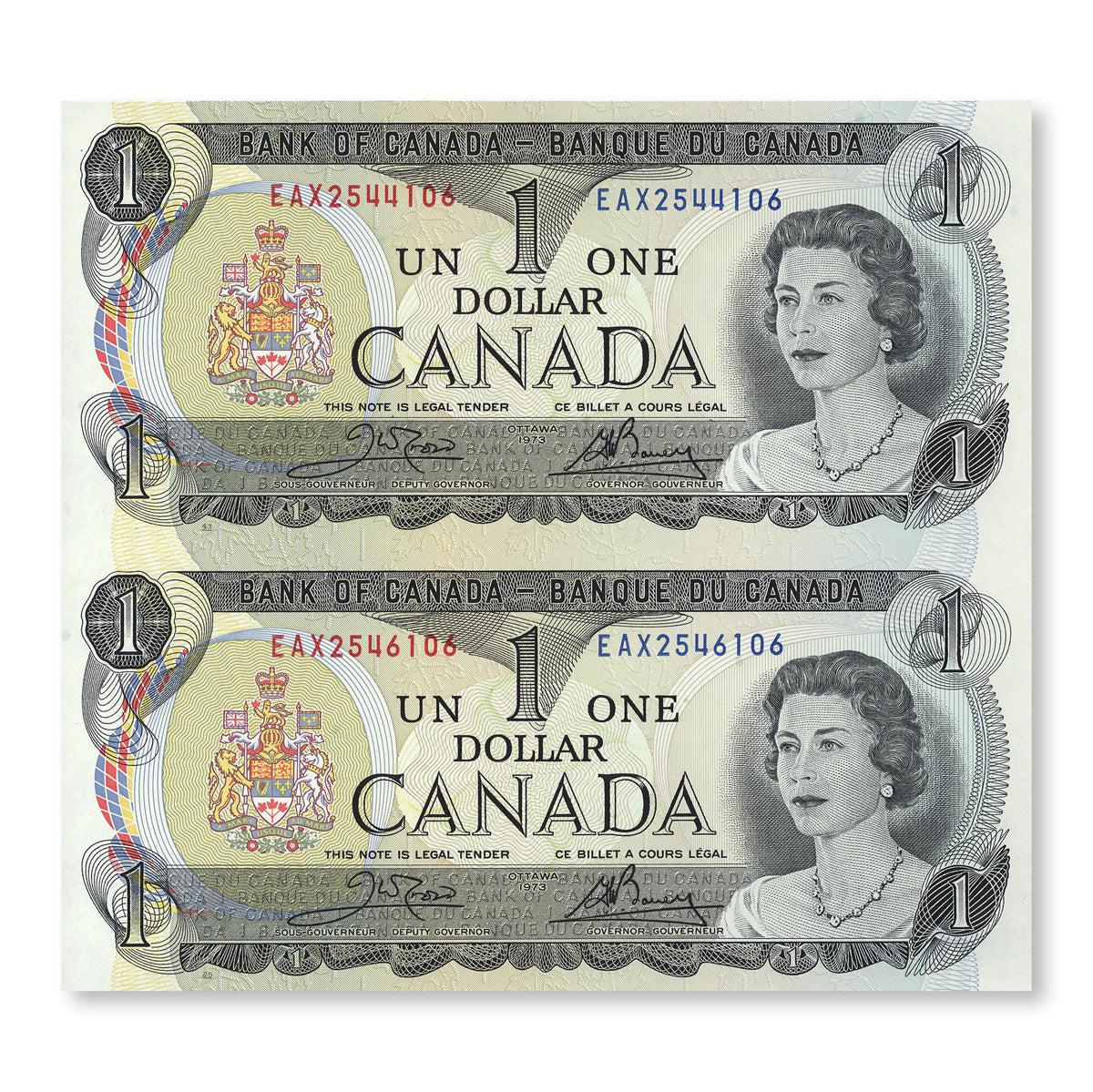 Uncut Block of Two Replacement Notes: $1 1973 & $2 1986