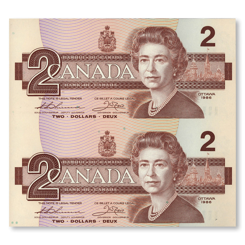 Uncut Block of Two Replacement Notes: $1 1973 & $2 1986