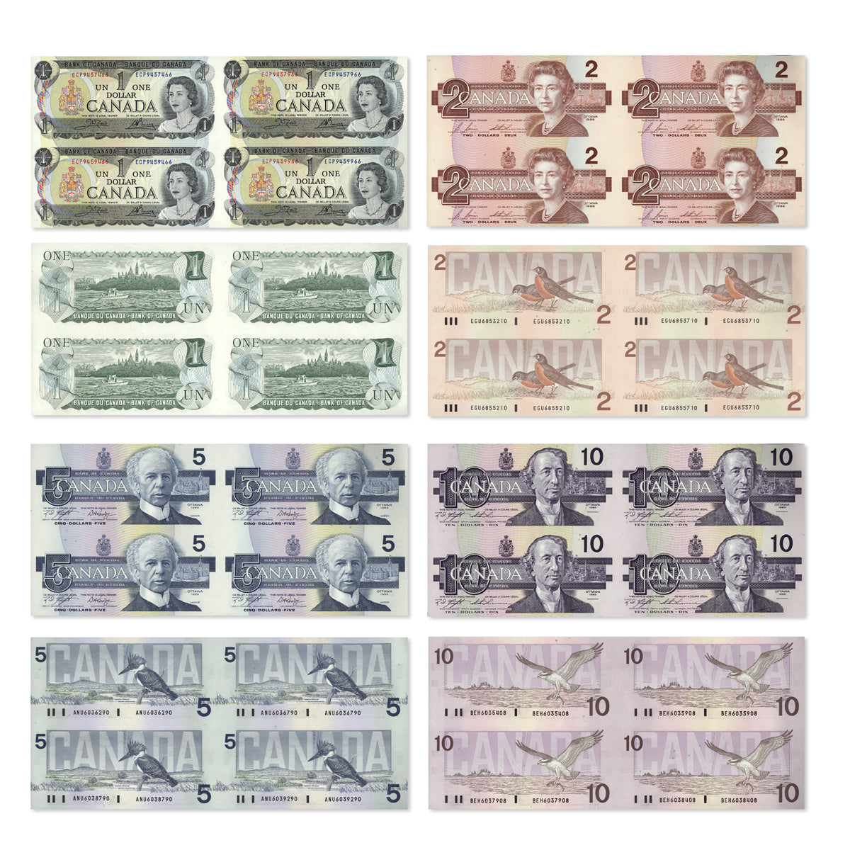 Uncut Block of Four Bank Notes: $1 1973, $2 1986, $5 1986, $10 1989