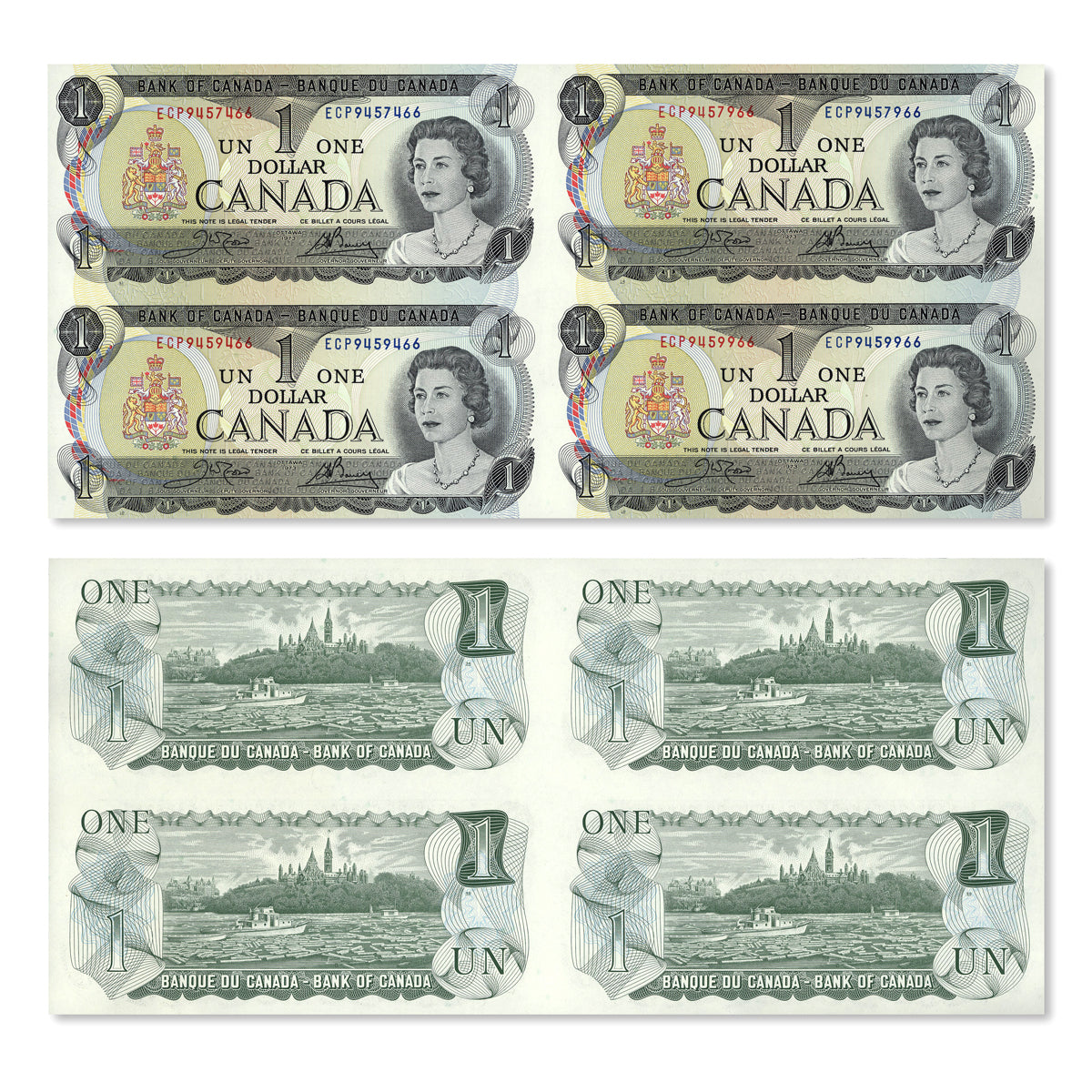 Uncut Block of Four Bank Notes: $1 1973, $2 1986, $5 1986, $10 1989