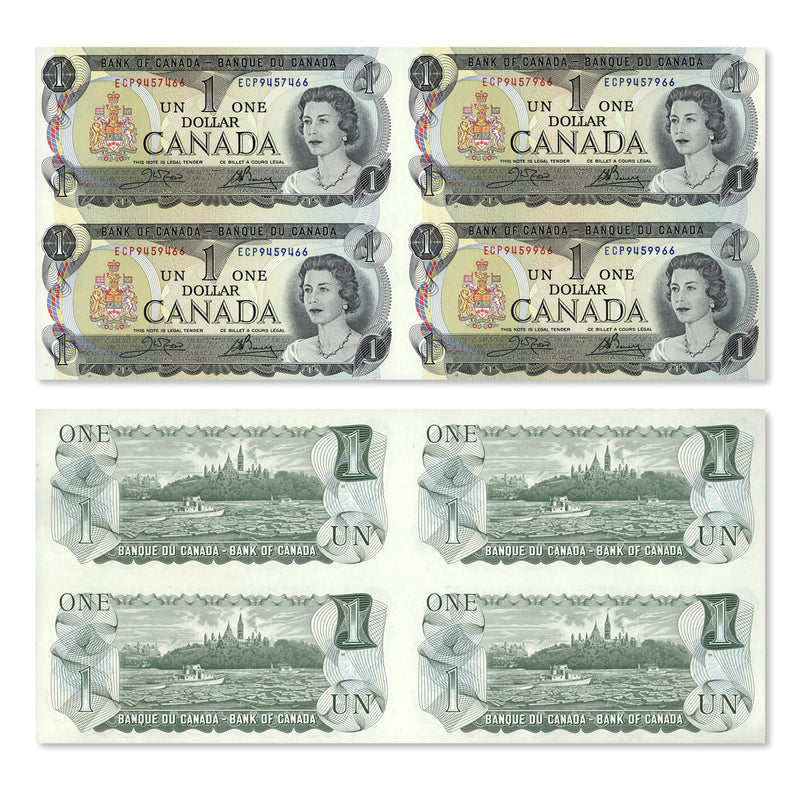 Uncut Block of Four Bank Notes: $1 1973, $2 1986, $5 1986, $10 1989