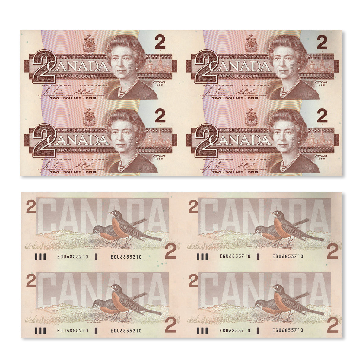 Uncut Block of Four Bank Notes: $1 1973, $2 1986, $5 1986, $10 1989