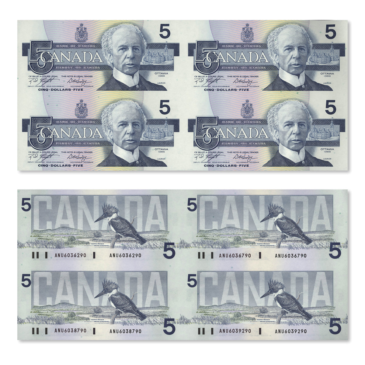 Uncut Block of Four Bank Notes: $1 1973, $2 1986, $5 1986, $10 1989