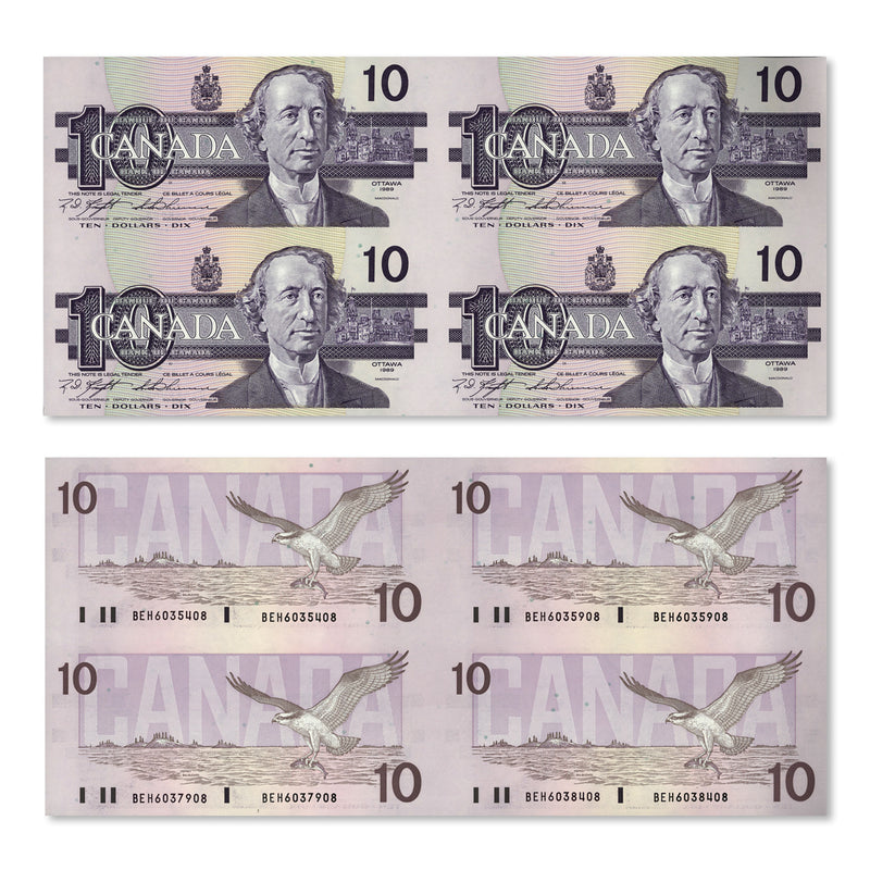 Uncut Block of Four Bank Notes: $1 1973, $2 1986, $5 1986, $10 1989