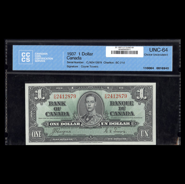 $1 1937 Coyne-Towers Bank of Canada Prefix C/N CUNC-64