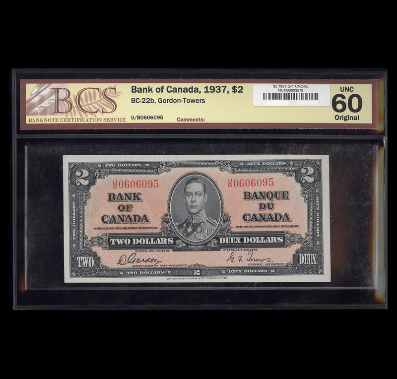 $2 1937 Gordon-Towers Bank of Canada Prefix U/B UNC-60