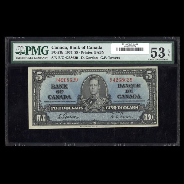 $5 1937 Gordon-Towers Bank of Canada Prefix B/C AU-53