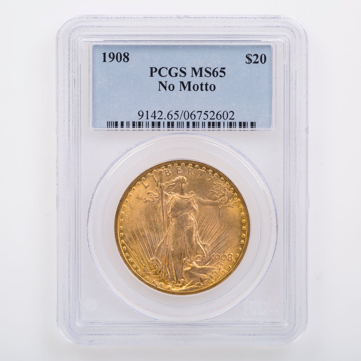 $20 1908 No Motto PCGS MS-65