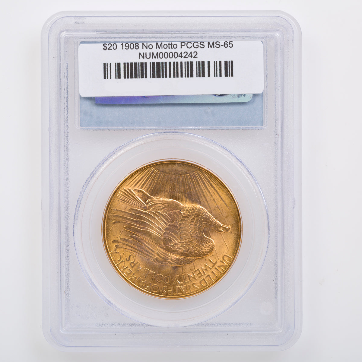 $20 1908 No Motto PCGS MS-65