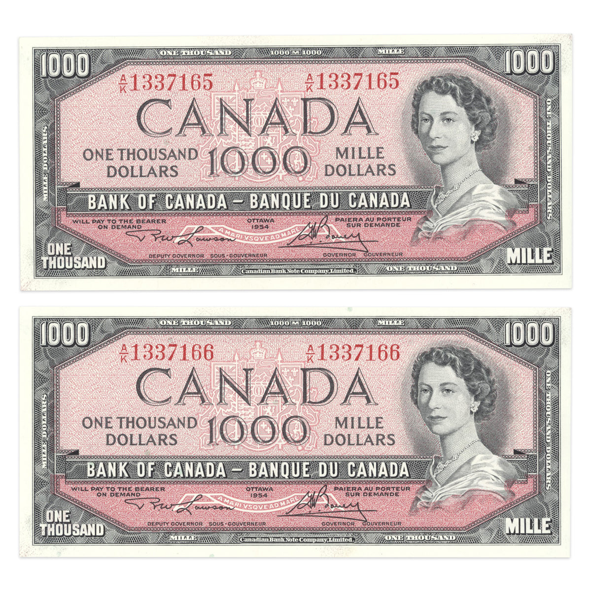 $1000 1954 Modified Series BC-44d Consecutive Pair Lawson-Bouey Prefix A/K CUNC-63