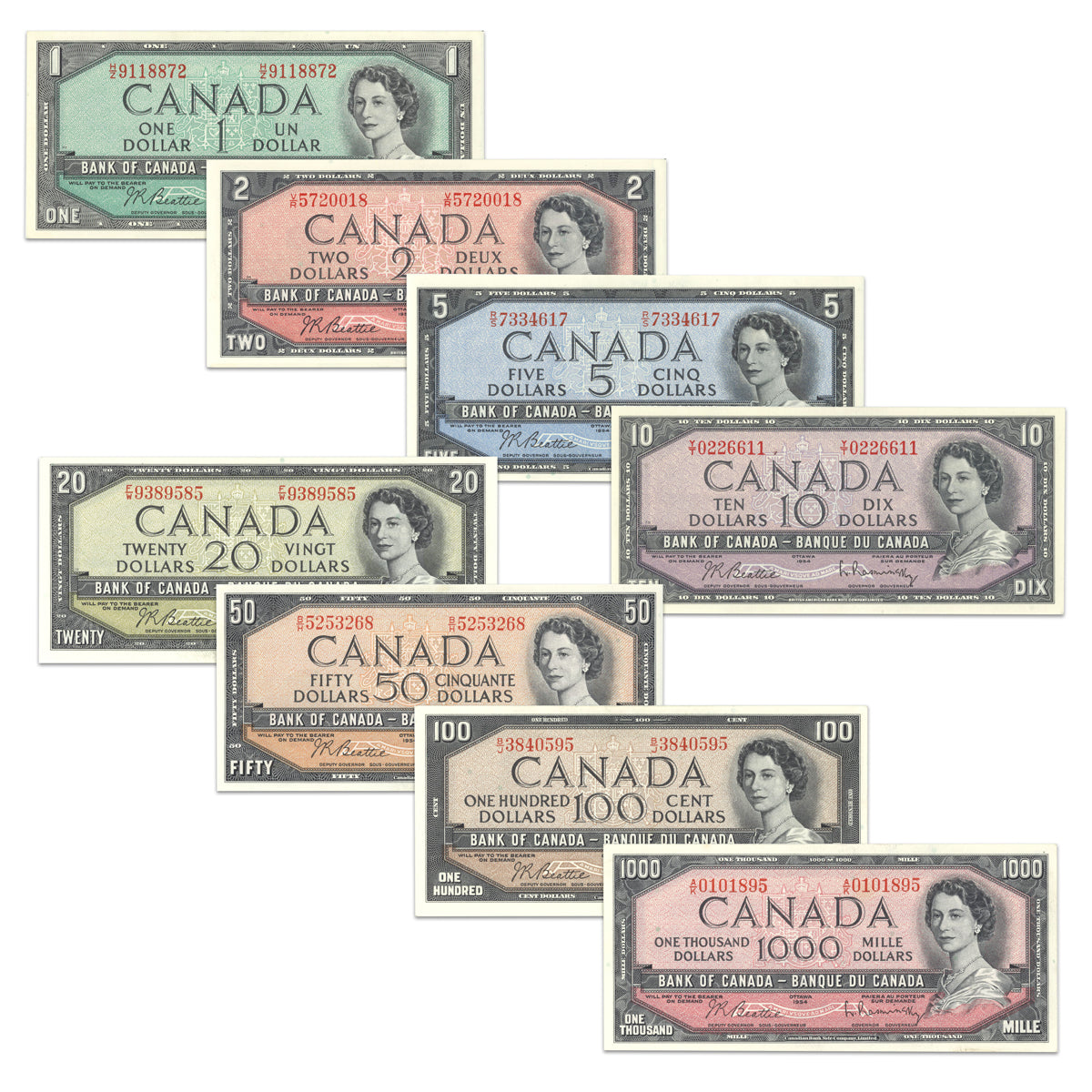 $1 - $1000 1954 Modified Series 8 Banknote Set (Beattie-Rasminsky Matched Signature)