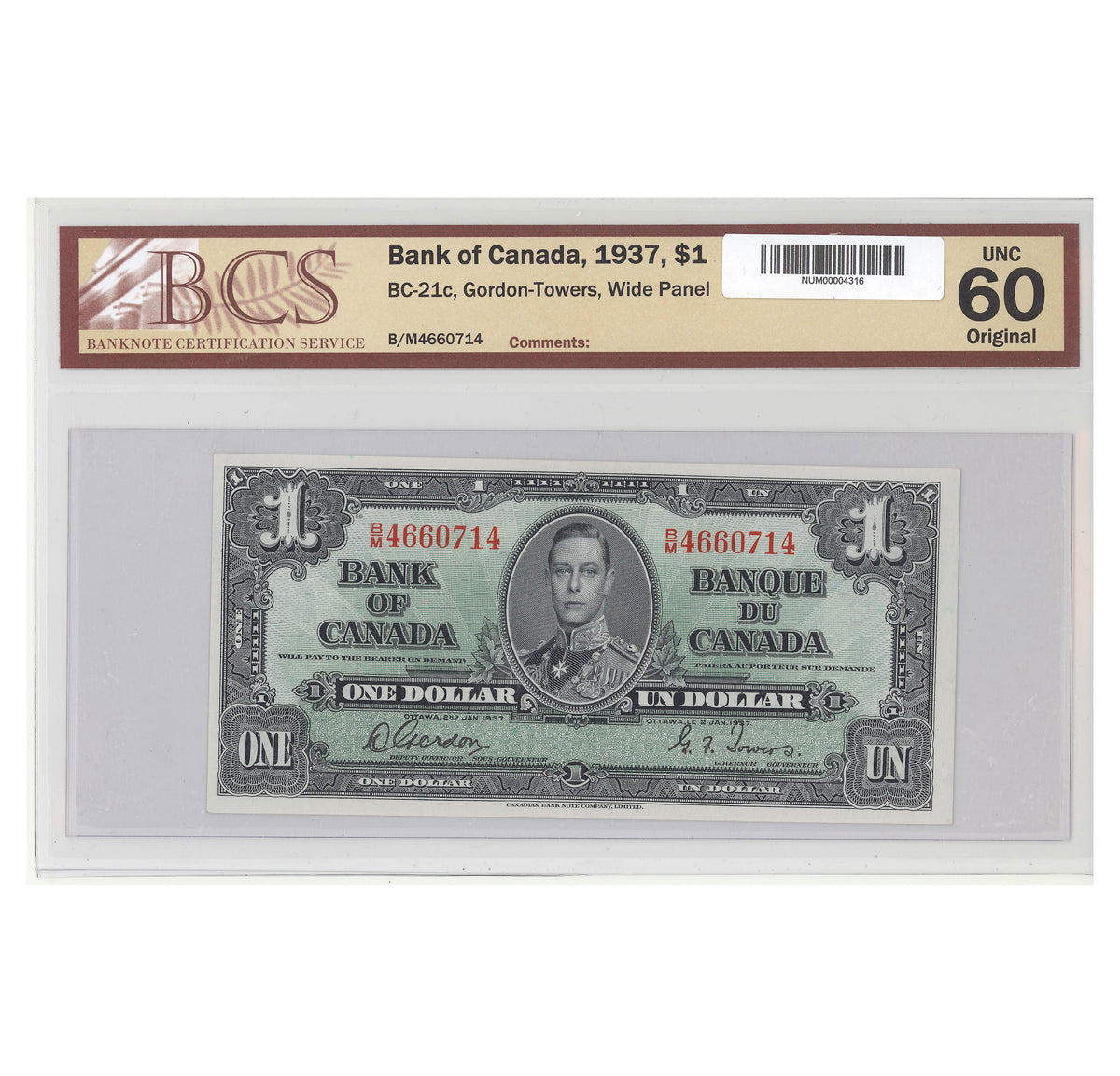 $1 1937 BC-21c Gordon-Towers Prefix B/M BCS UNC-60