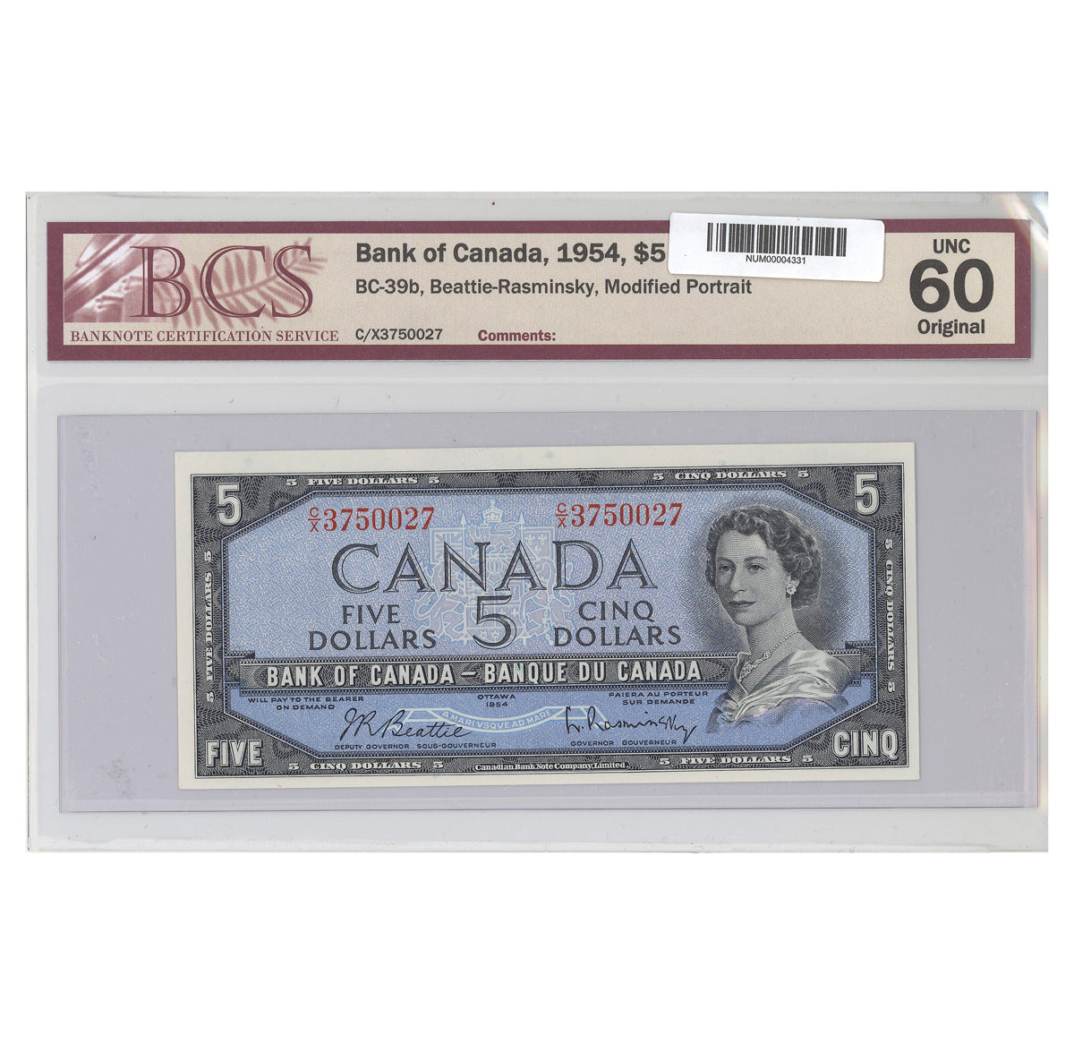 $5 1954 Modified Series BC-39b Beattie-Rasminsky Prefix C/X BCS UNC-60