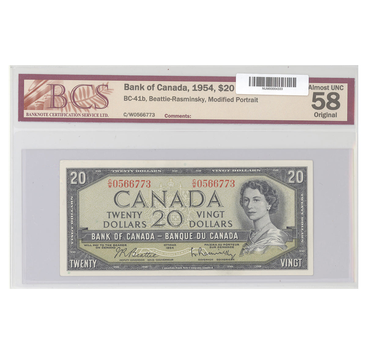 $20 1954 Modified Series BC-41b Beattie-Rasminsky Prefix C/W BCS AU-58