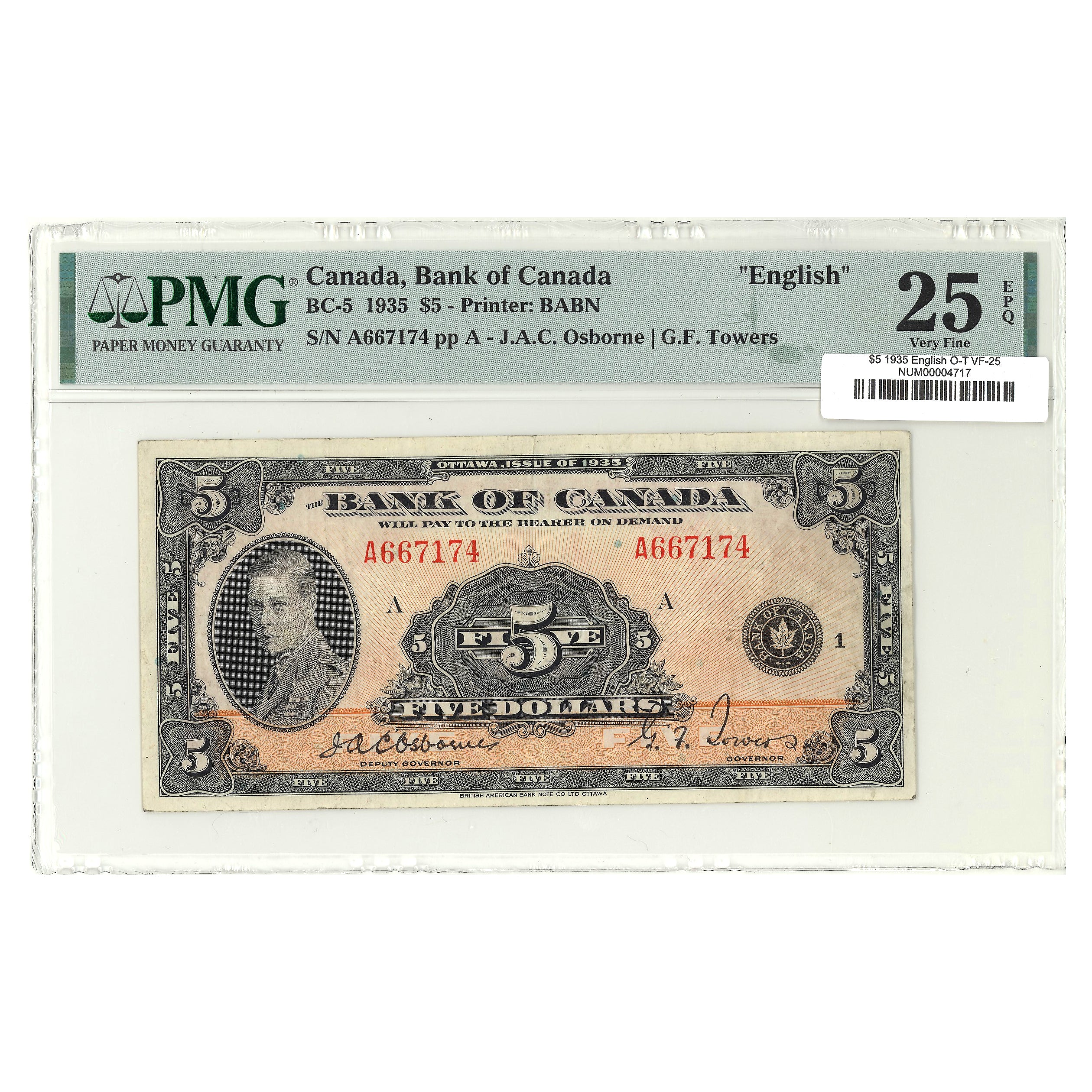 $5 1935 BC-5 English Osborne-Towers Prefix A PMG VF-25