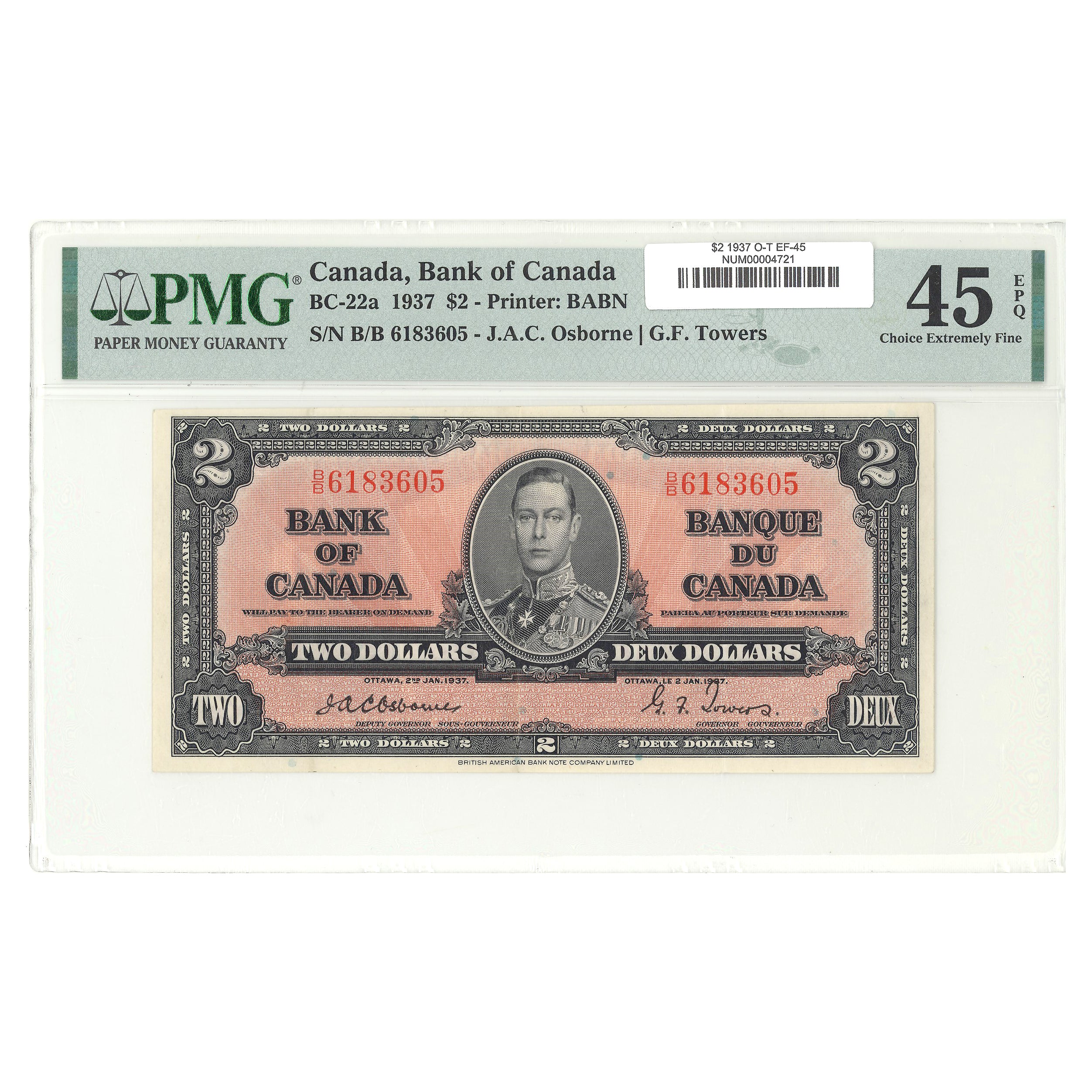 $2 1937 BC-22a Osborne-Towers Prefix B/B PMG EF-45