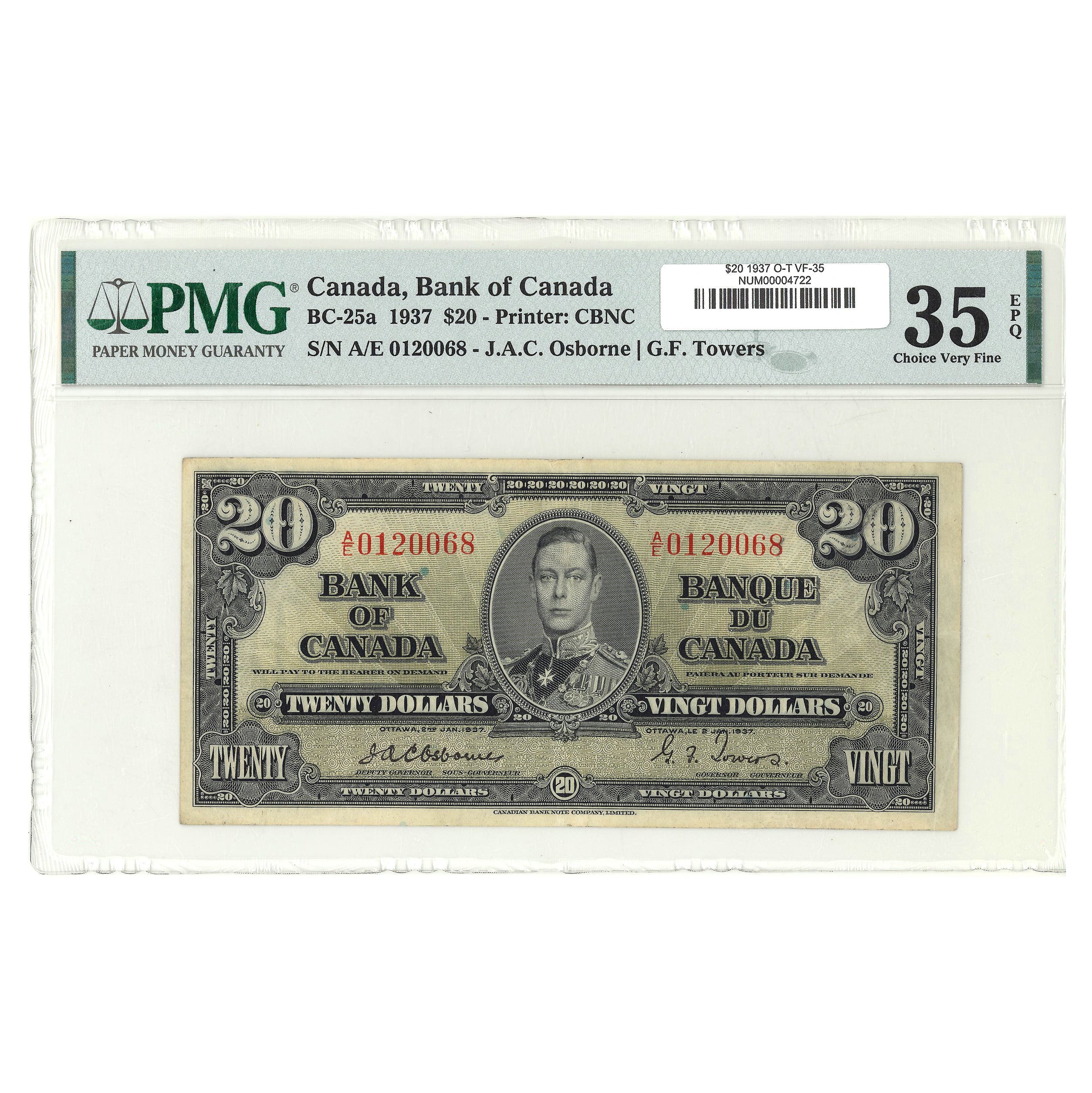 $20 1937 BC-25a Osborne-Towers Prefix A/E PMG VF-35