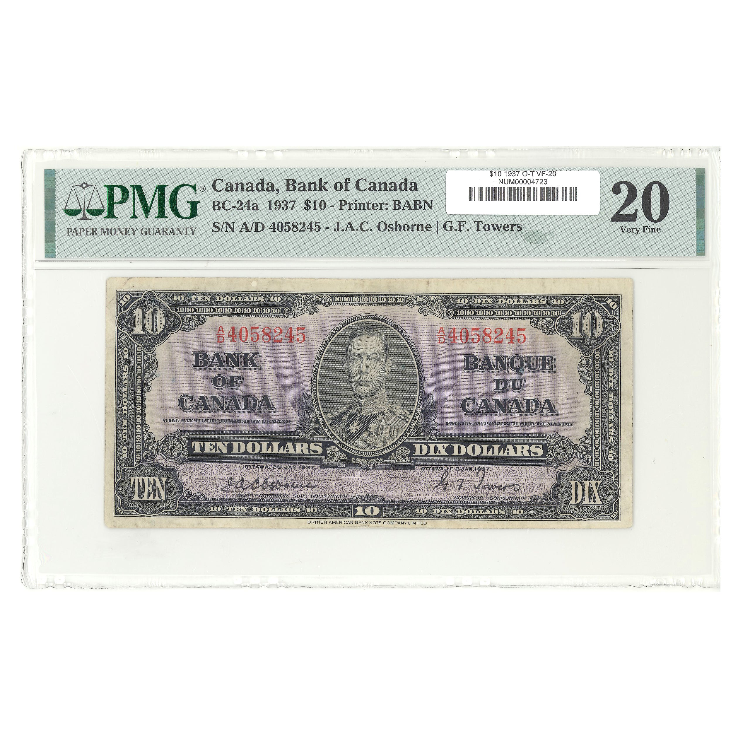 $10 1937 BC-24a Osborne-Towers Prefix A/D PMG VF-20