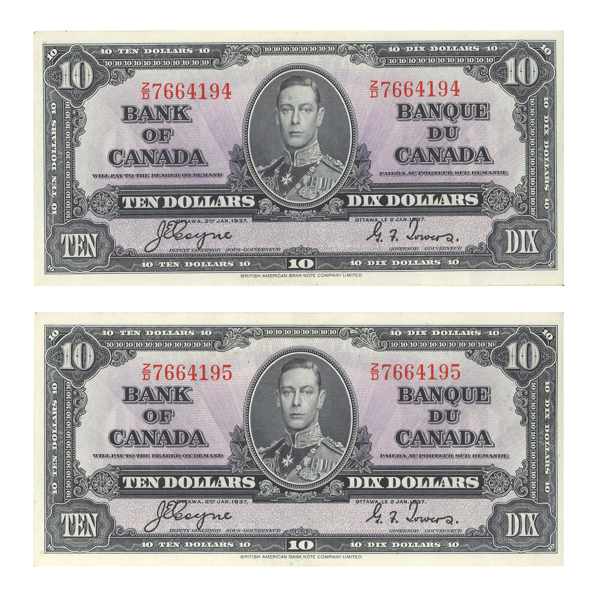 $10 1937 Consecutive Pair BC-24c Coyne-Towers Prefix Z/D AU-55