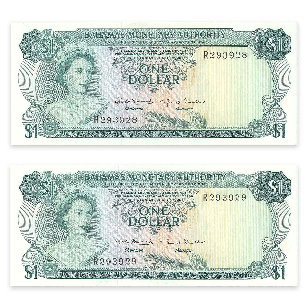 Bahamas $1 1968 Consecutive Prefix R CUNC-63