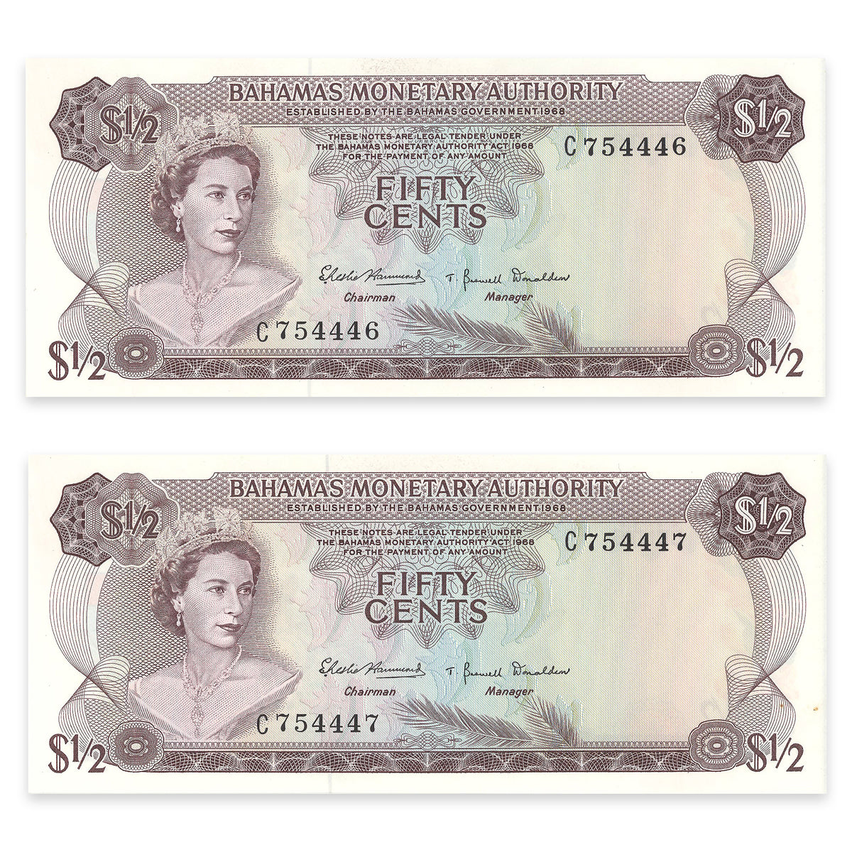 Bahamas 50 Cent 1968 Consecutive Prefix C UNC-60