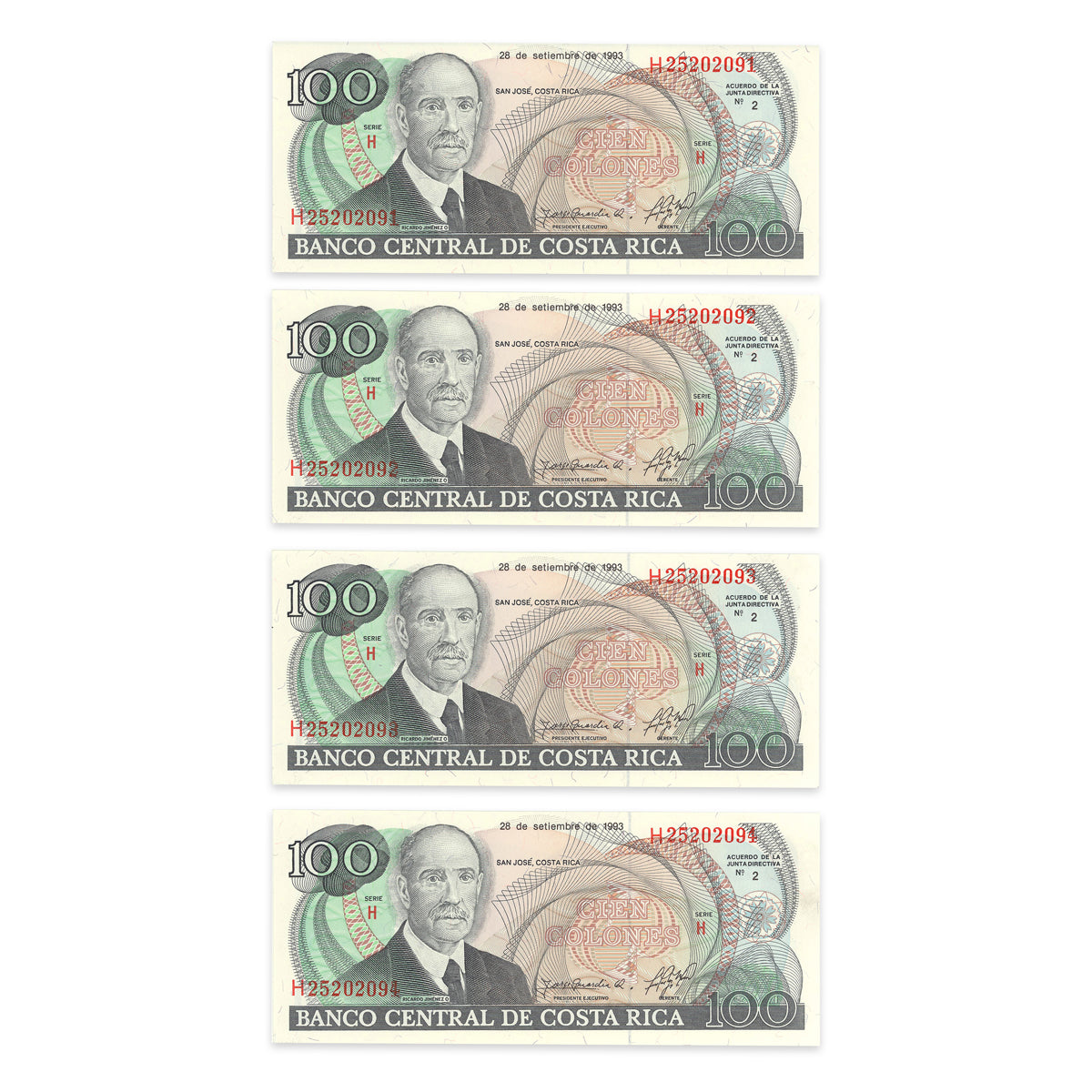 Costa Rica 100 Colones 1993 Consecutive Prefix H UNC-60