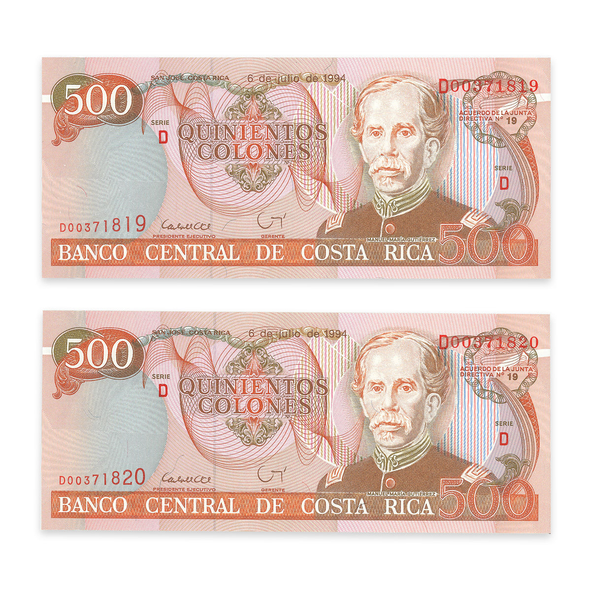 Costa Rica 500 Colones 1994 Consecutive Prefix D UNC-60