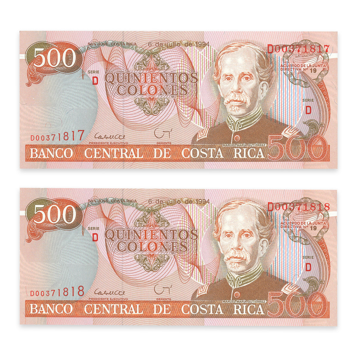 Costa Rica 500 Colones 1994 Consecutive Prefix D UNC-60