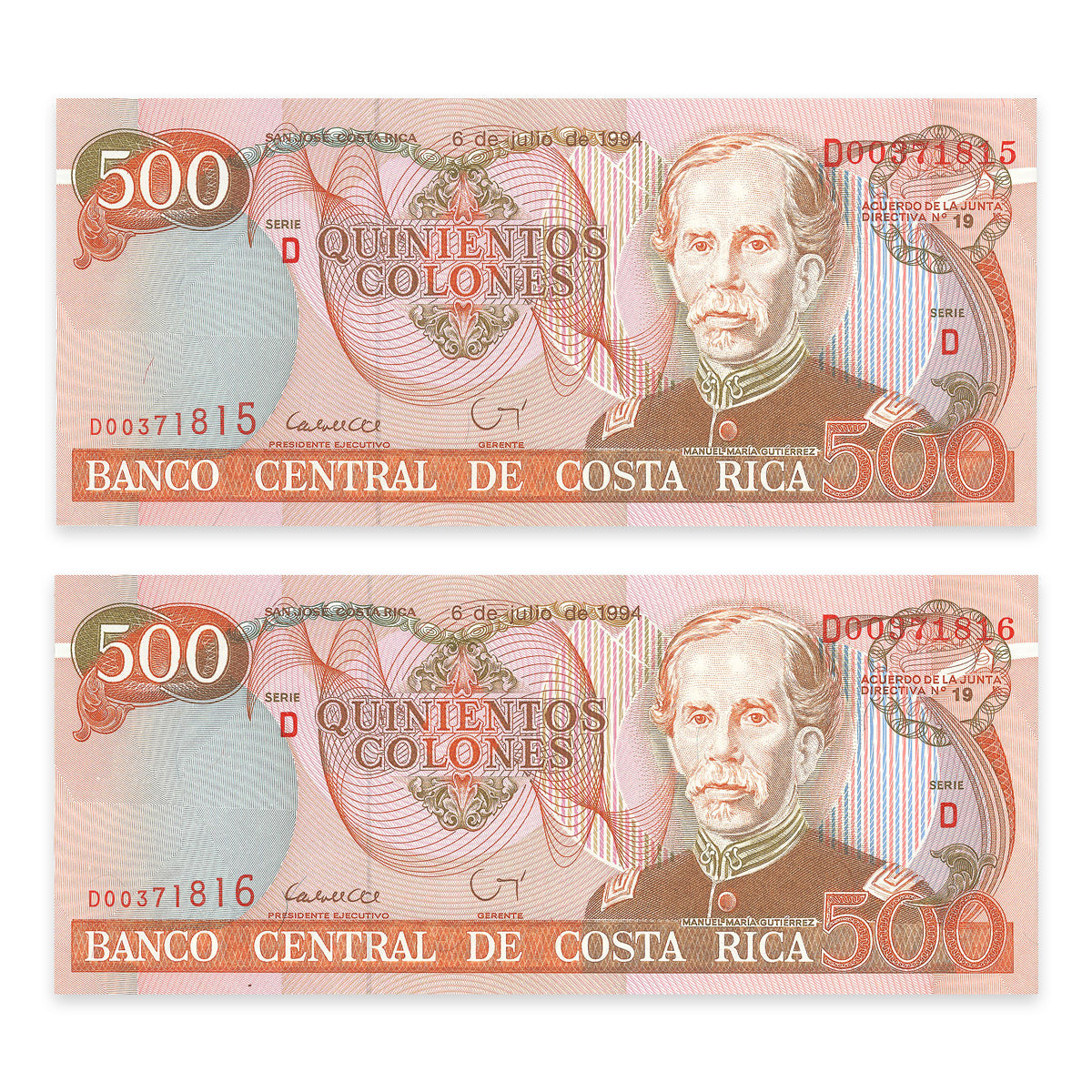 Costa Rica 500 Colones 1994 Consecutive Prefix D UNC-60