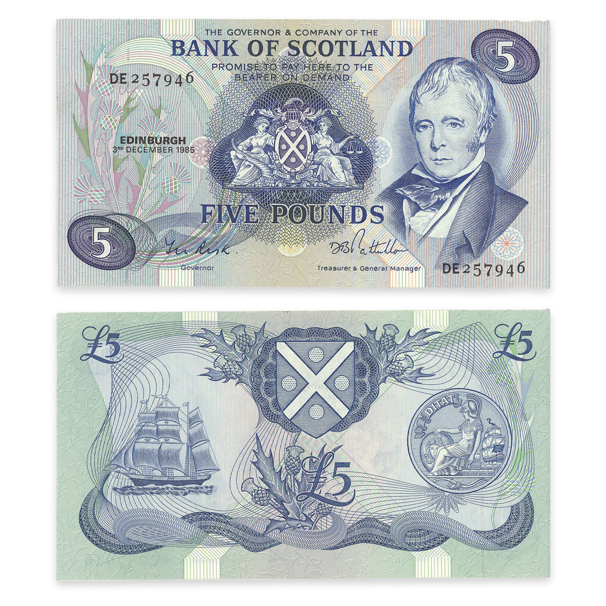 Scotland 5 Pounds 1985 Prefix DE VF-20