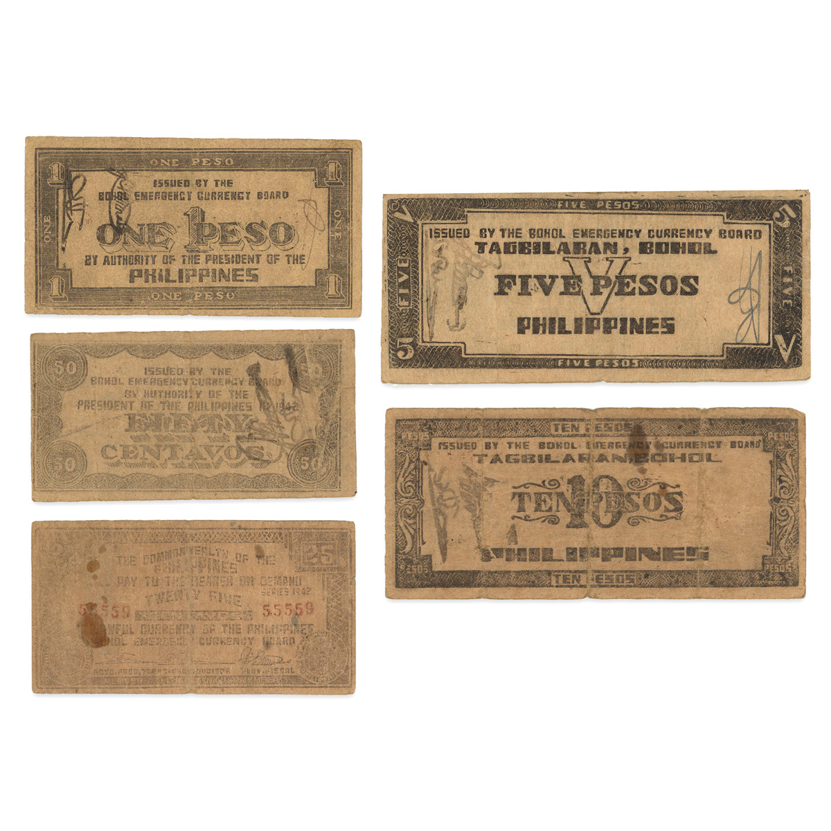 Philippines $5-50 Emergency Issue "Guerilla Pesos" 1942 G-VF