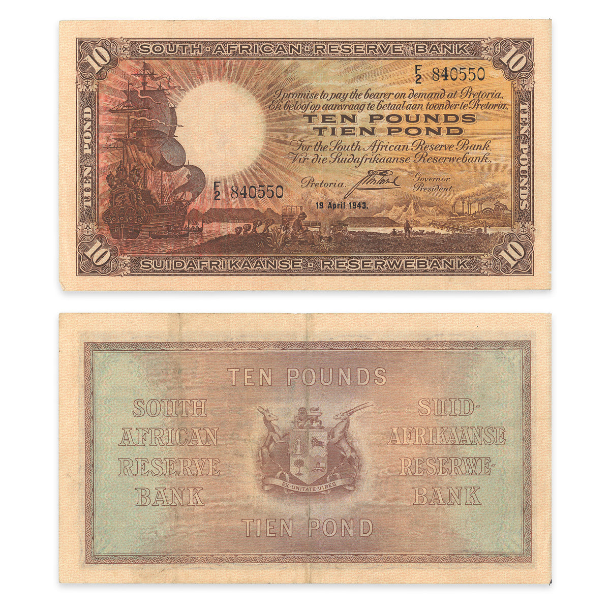 South Africa 10 Pounds 1943 Prefix F/2 VF-30