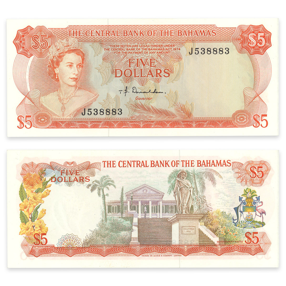 Bahamas $5 1974 Prefix J UNC-60