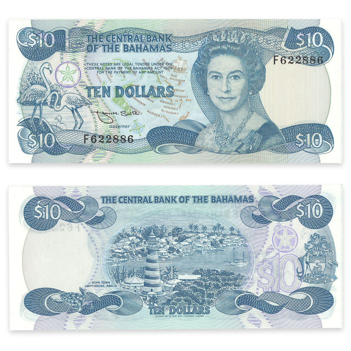 Bahamas $10 1974 Prefix F UNC-60